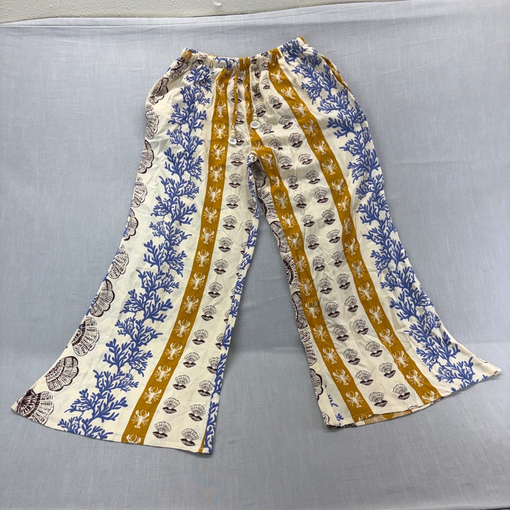 True Destinations Pants Womens Small Wide Leg Sea Life Coral Lobster Cream